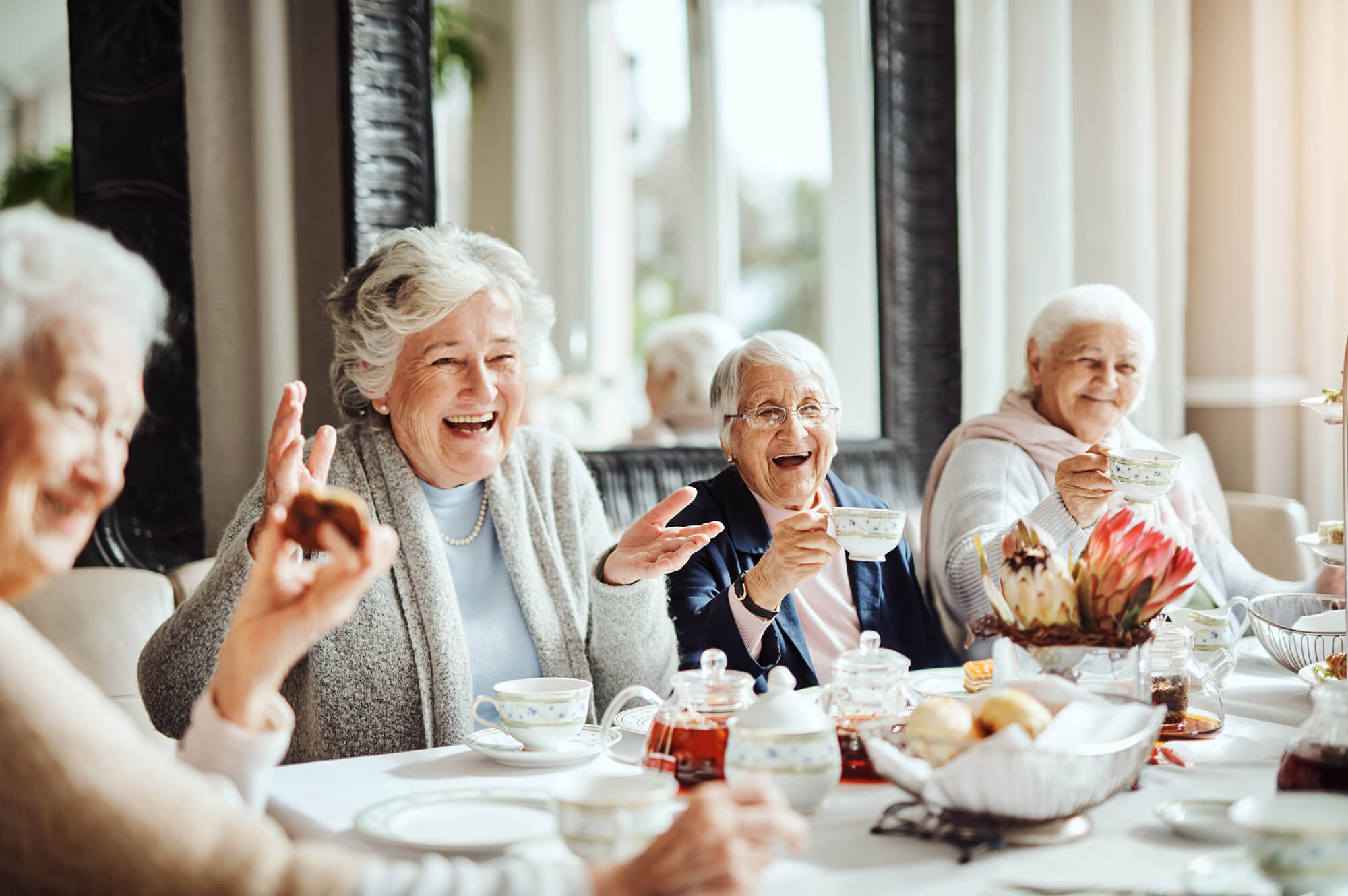 Elderly women laughing at a table